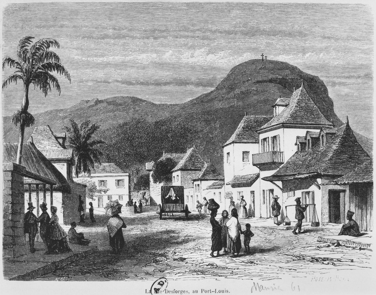 Udsigt over Port Louis, rue Desforges, Mauritius, 1861 af French School