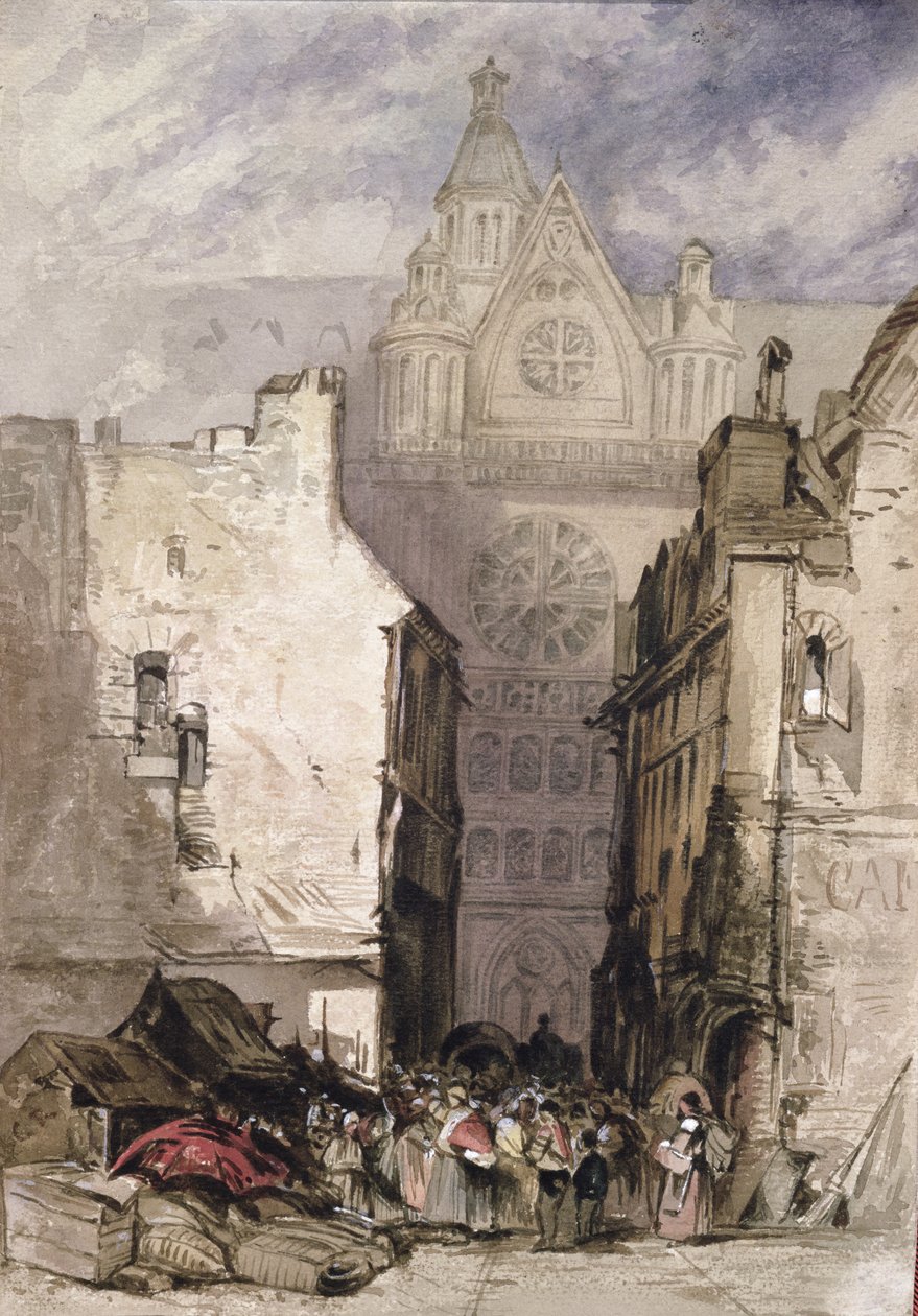 Udsigt over St. Eustache og Les Halles, ca. 1820-30 af French School