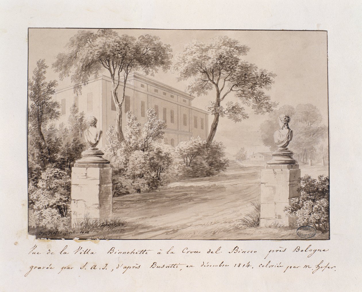 Udsigt over Villa Bianchetti i Croce del Biacco nær Bologna, indgraveret af S.A.I. efter Busatti, farvelagt af M. Hofer, december 1814 (farvet gravering) af French School