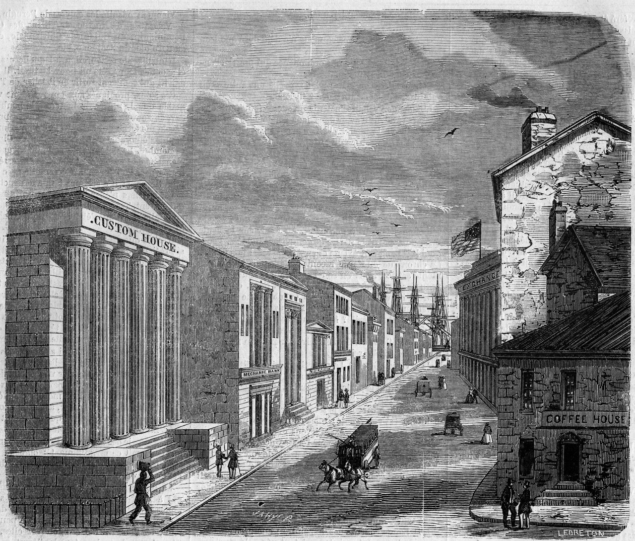 Udsigt over Wall Street, bankdistriktet, New York, New York. USA (USA) af French School