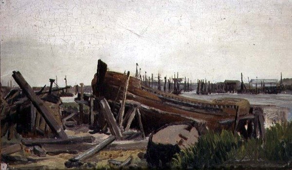 Udsigt over et skibsværft, ca. 1860 (olie på lærred) af French School