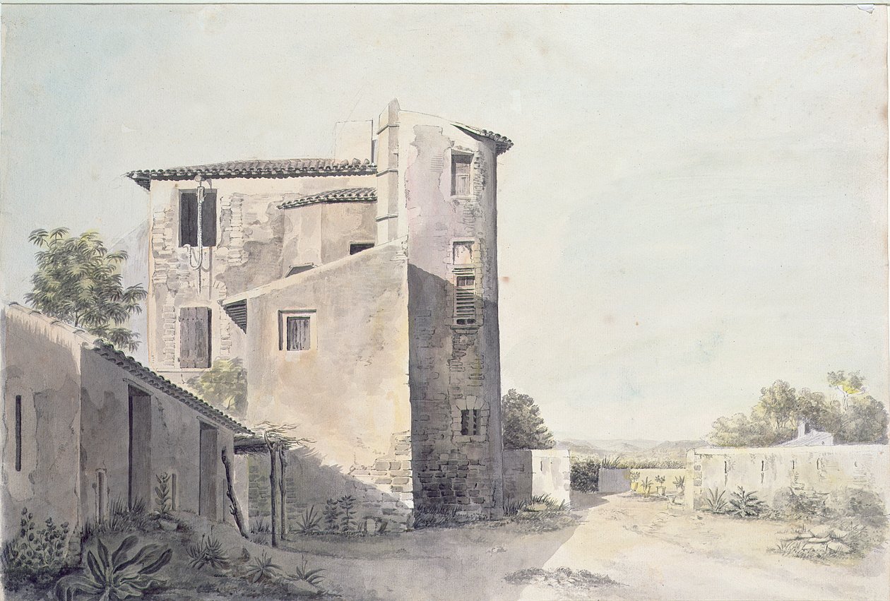 Udsigt over en landsby i det sydlige Frankrig, ca. 1800 (wc på papir) af French School
