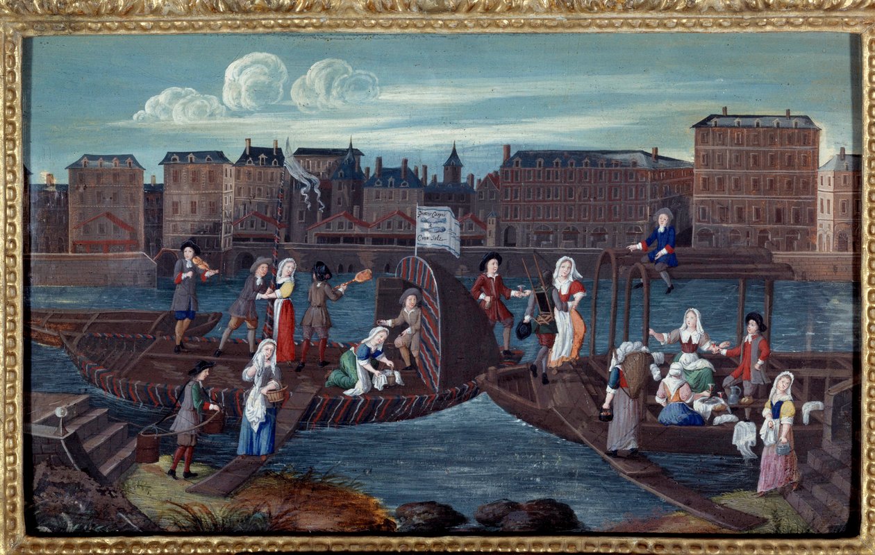 Udsigt over en fiskebåd og hvidvaskebåde på Quai de la Megisserie i Paris Anonymt maleri af den franske skole. 1670. Paris, Musee Carnavalet af French School