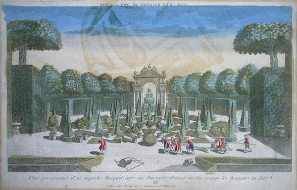 Udsigt over en lund og en parterre, hvor appelsintræerne er taget om sommeren, midten af 1700-tallet (farvegravering) af French School