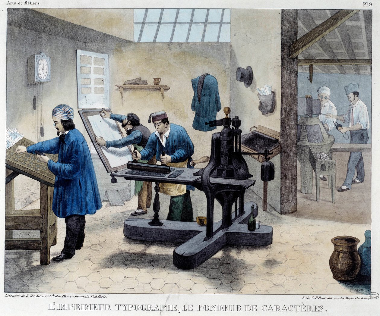 Udsigt til et trykkeriværksted: typografen og tegnmageren. Litografi af Bineteau af French School