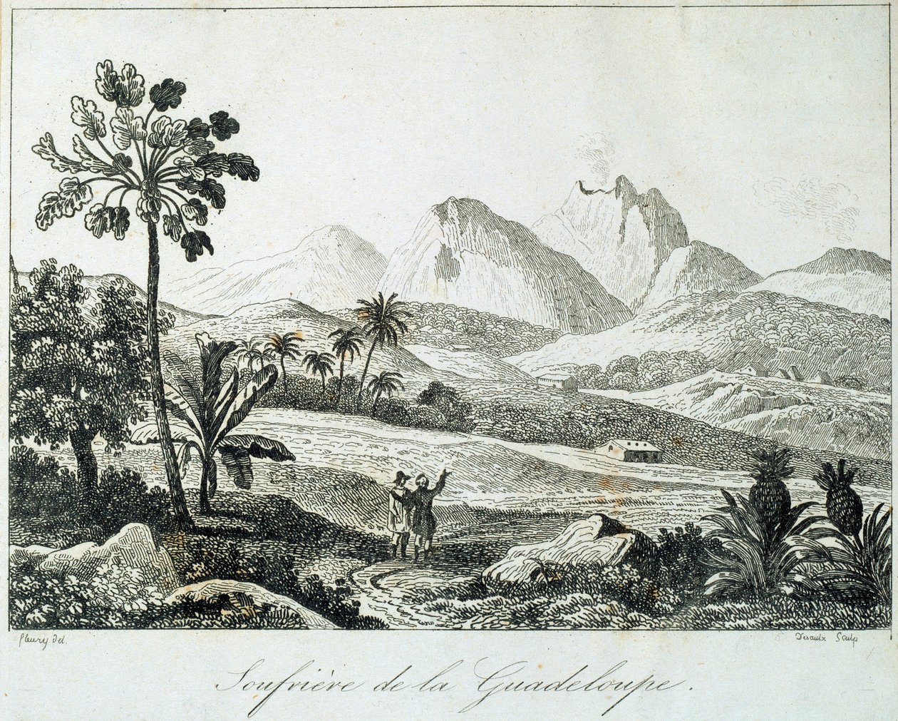 Udsigt over en soufriere i Guadeloupe. Stik fra 1800-tallet. Chartres, Musee des Beaux Arts af French School