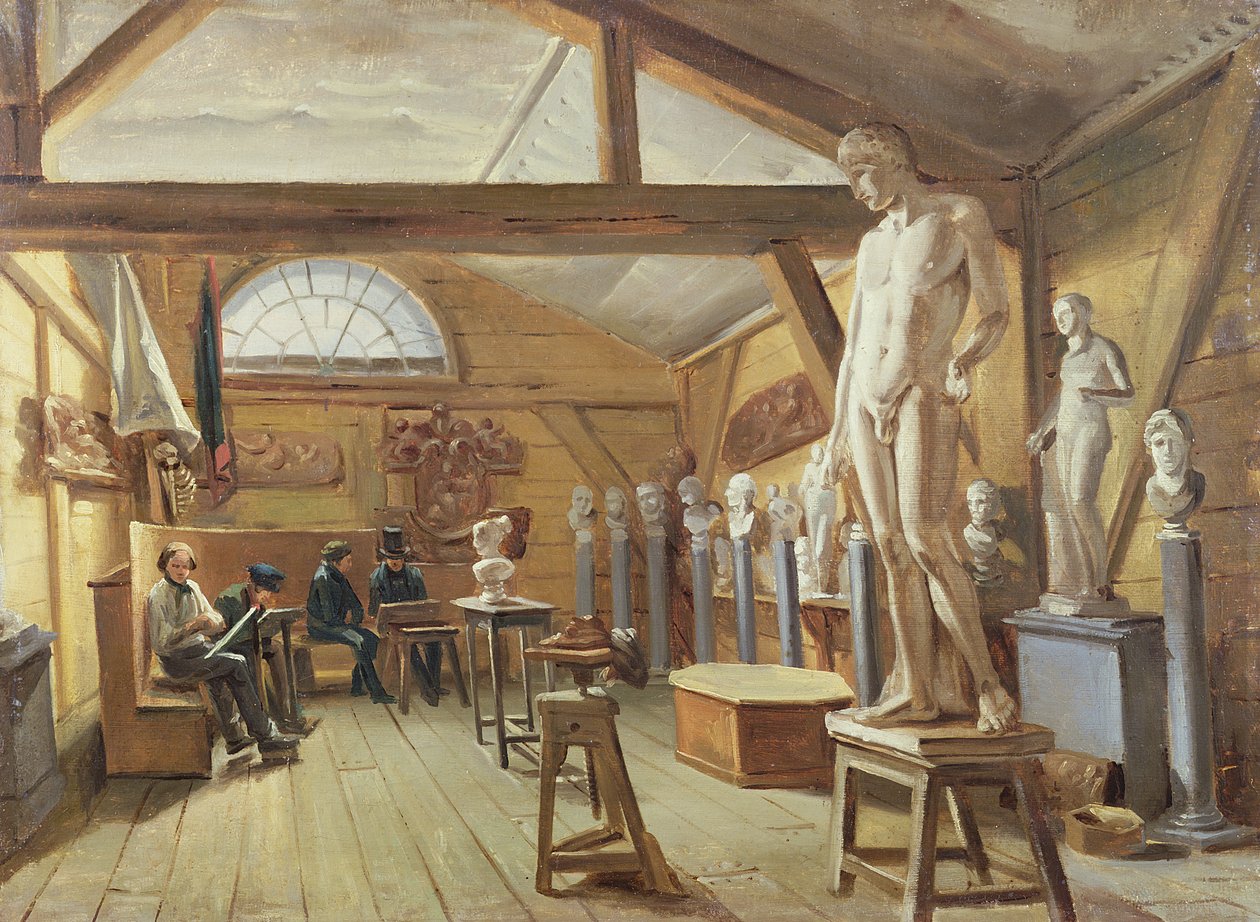 Udsigt over et atelier i en kunstskole, ca. 1840 af French School