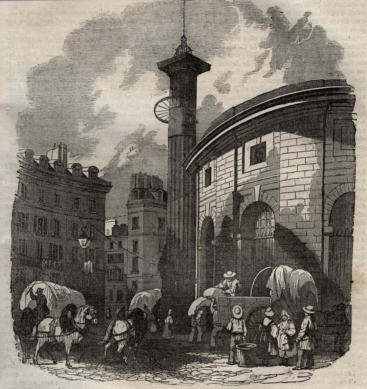 Udsigt over halle au ble i Paris (bygget i 1763-1769) og Medici-søjlen, gravering fra begyndelsen af det 19. århundrede - hvede- og majsudveksling i Paris (bygget i 1763-1769), gravering i begyndelsen af det 19. århundrede - Udsigt over Halle au ble, place af French School