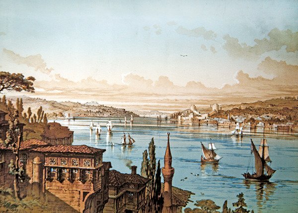 Udsigt over skibsfarten på Bosporusområdet og slottet Rumeli Hisari med Istanbul i det fjerne (farve litho) af French School