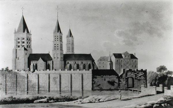 Udsigt over klosteret Saint-Germain-des-Pres i begyndelsen af det 15. århundrede (litografi) (s/h foto) af French School