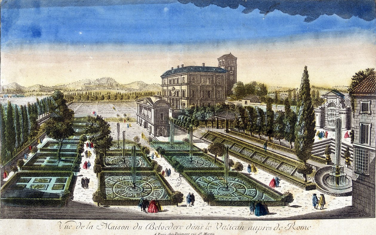 Udsigt over Belvedere-huset i Vatikanet, Rom. af French School