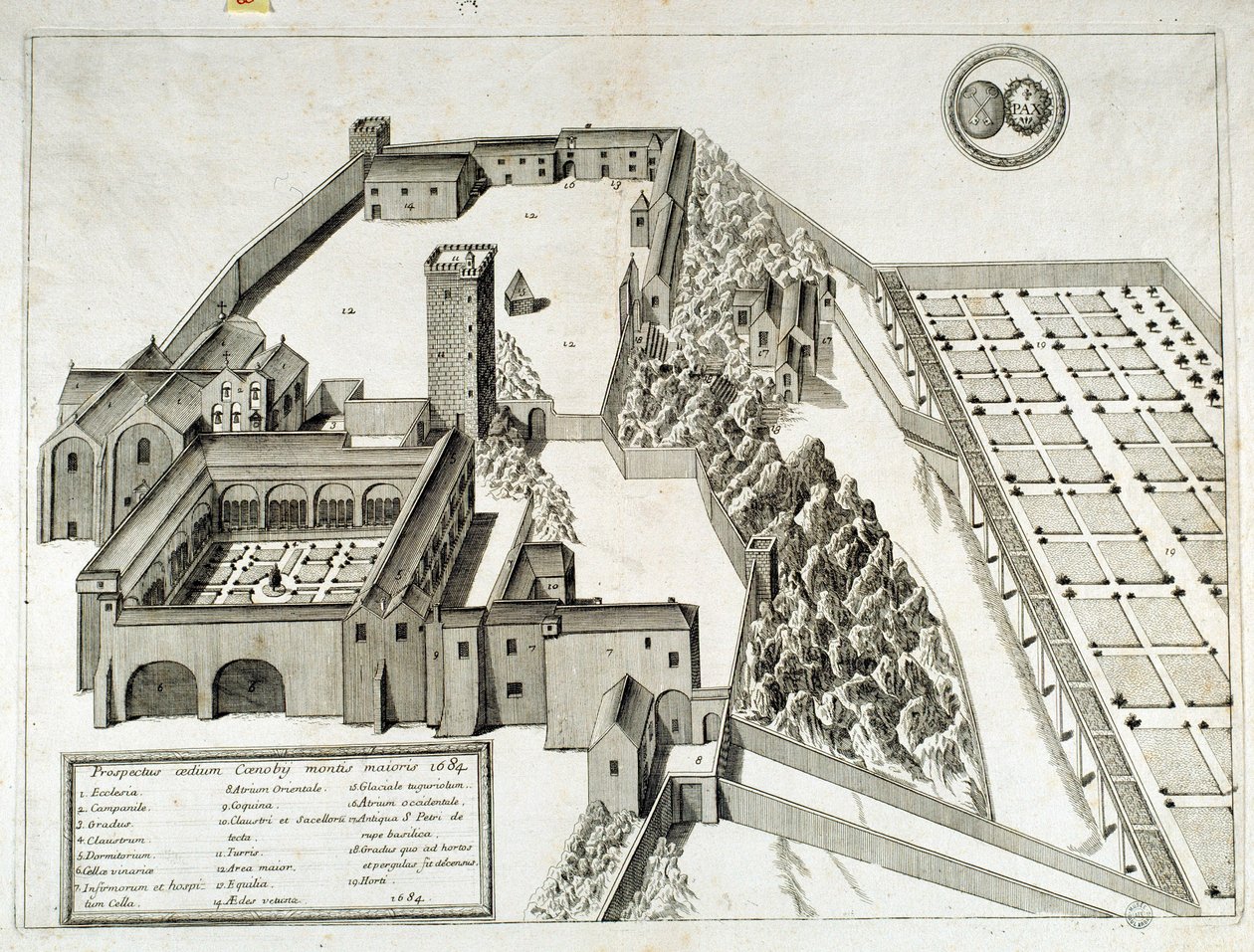 Udsigt over Benediktinerklosteret Saint Pierre de Montmajour (eller Mont Majour), grundlagt i 948, Arles, Frankrig (gravering) af French School