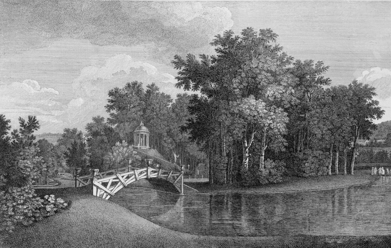 Udsigt over broen og Venustemplet i haverne ved West Wycombe, fra Jardins Anglo-Chinois a la Mode, af George Louis le Rouge, udgivet 1770-87 af French School