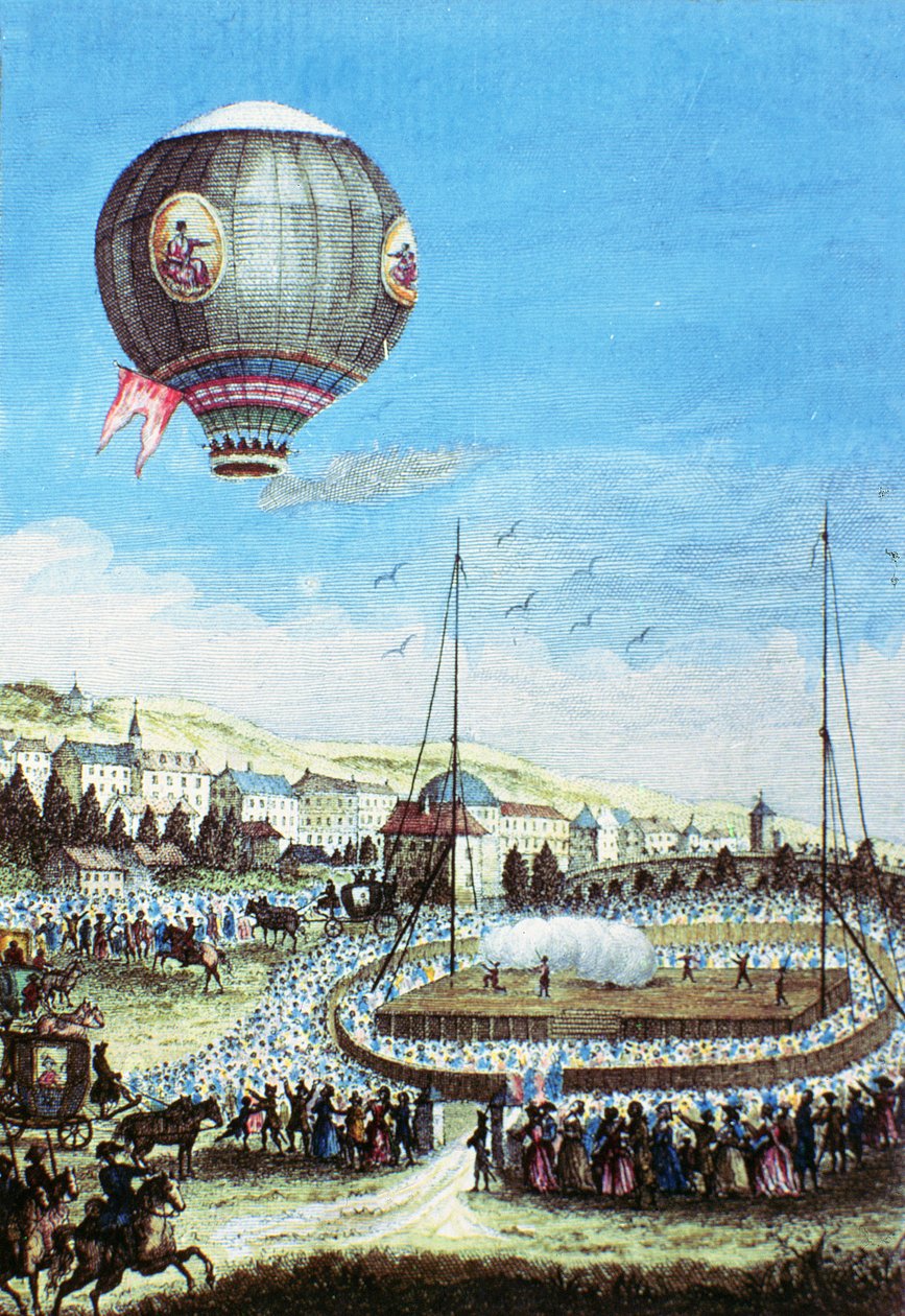 Udsigt over Brolteaux i Lyon og den tredje flyvning af Montgolfier varmluftballonen den 10. januar 1784 (farvegravering) af French School