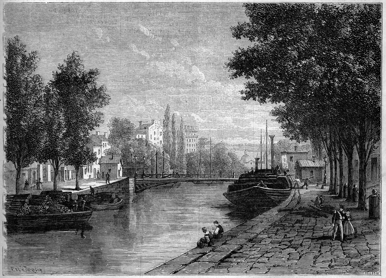 Udsigt over Canal Saint Martin, i Paris, før de transformationer udført af Haussmann i midten af det 19. århundrede. Udsigt taget i højden af rue Saint Sebastien. Indgravering i "" Le Monde Illustré"" nr. 233 af 28. september af French School