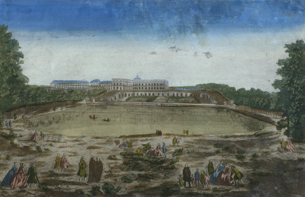 Udsigt over slottet og orangeriet set fra Piece deau des Suisses, Versailles, Frankrig af French School