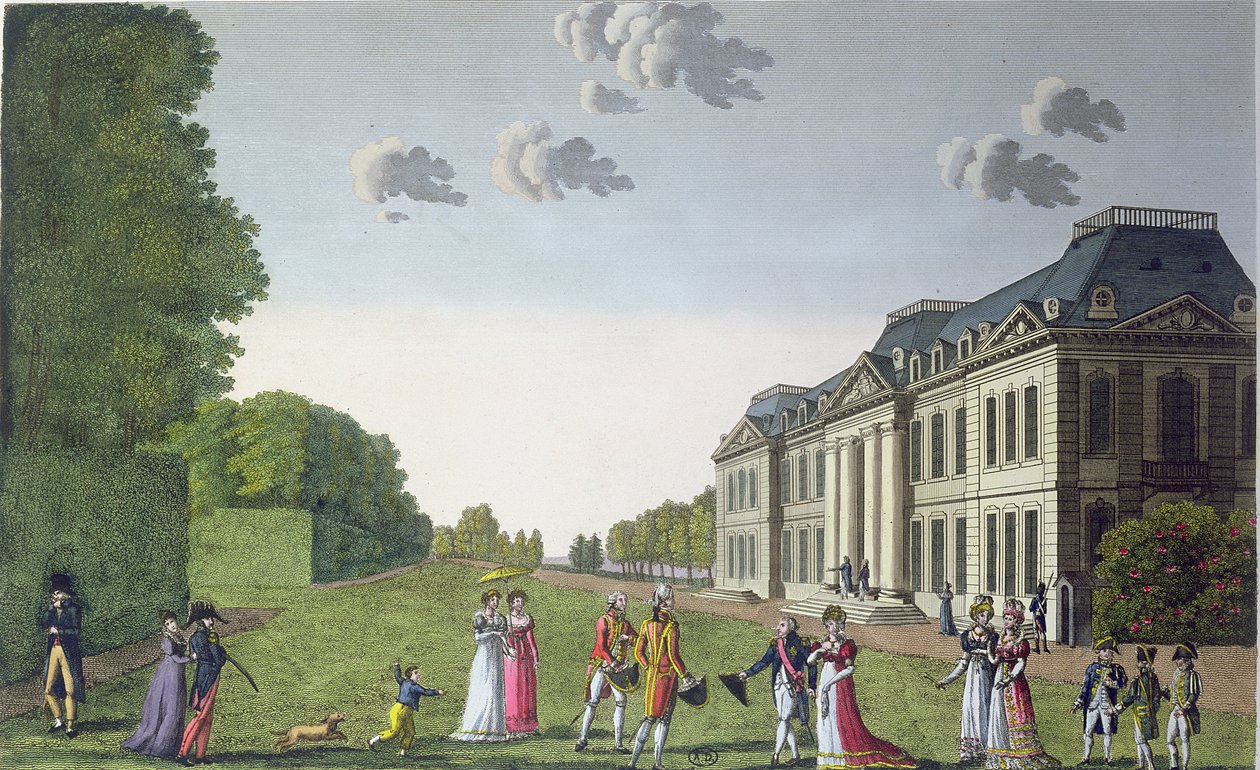 Udsigt over Chateau de Bellevue fra haven, ca. 1820 (farvegravering) af French School