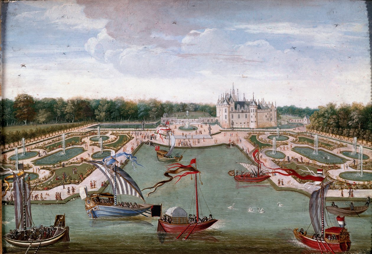 Udsigt over Chateau de Chantilly og sengene taget fra Vertugadin Anonymous-maleriet af Ecole francaise. Omkring 1680. Dim. 0,26x0,34 m. Chantilly, Conde Museum af French School
