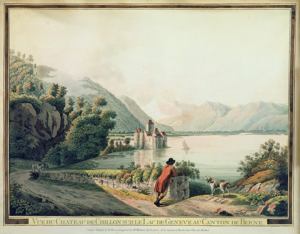 Udsigt over Chateau de Chillon, Genevesøen (farvet radering) af French School