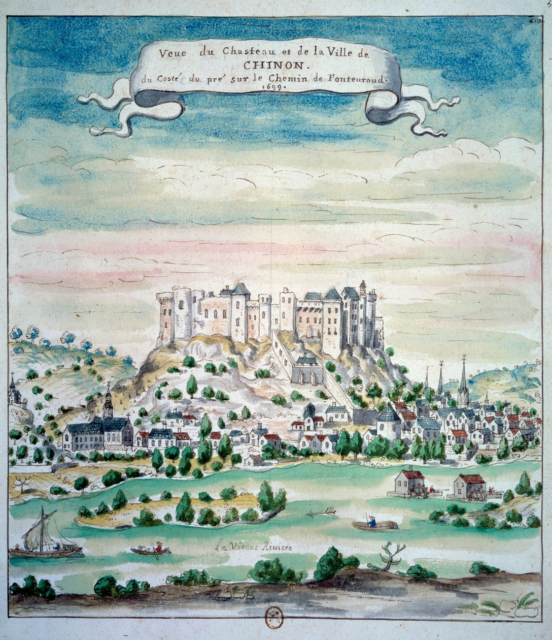 Udsigt over Chateau de Chinon akvarel fra den franske skole. 1699 Paris, B.N. af French School