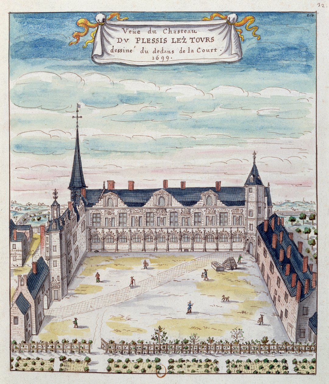 Udsigt over Chateau de Plessis-les-Tours i Tourraine, 1699 (pen & blæk og wc på papir) (se også 173766) af French School