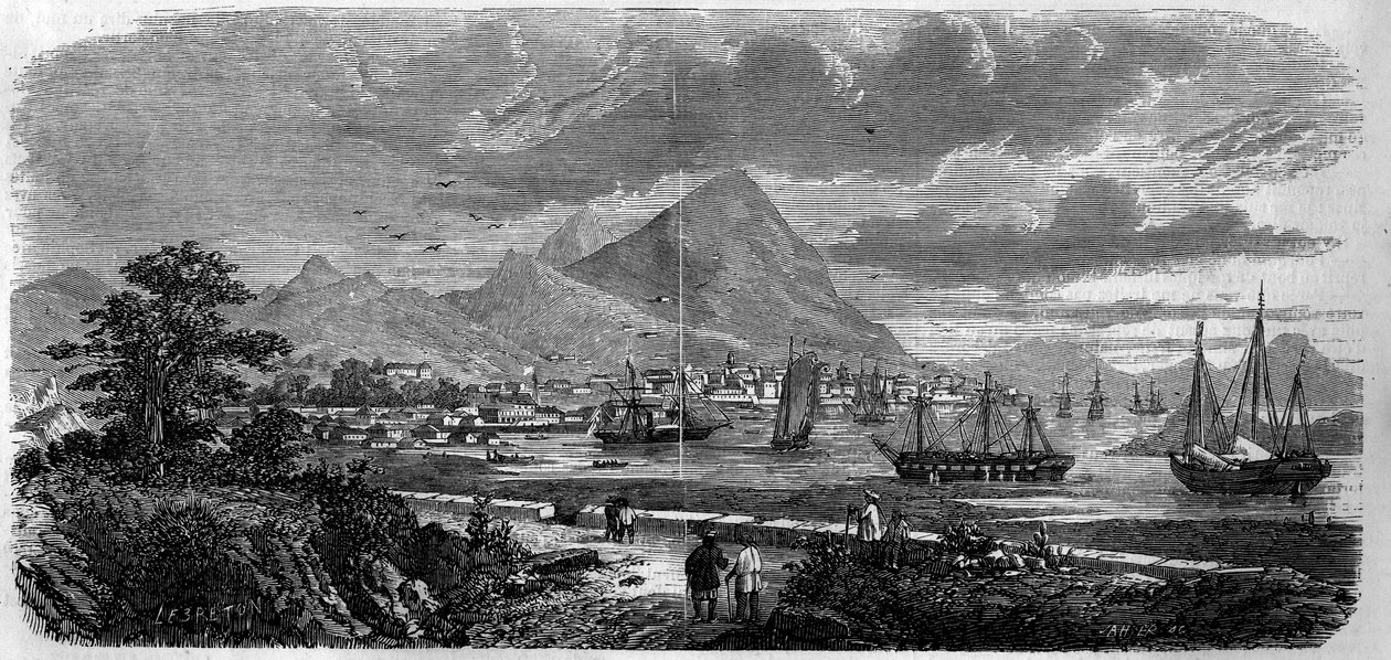 Udsigt over byen Hong Kong (Hong Kong) (Canton Bay Island) i 1857. Indgravering i "" Le Monde Illustré"" nr. 29 af 31. oktober 1857. af French School