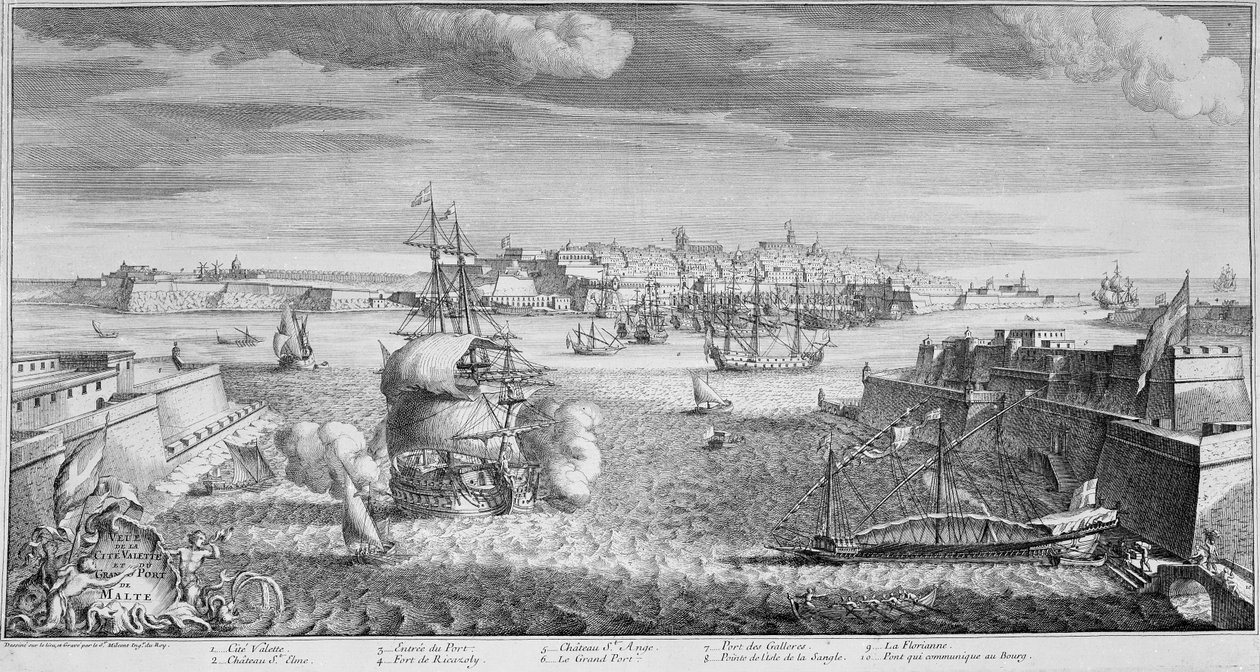 Udsigt over byen Valletta, Maltas havn, ca. 1736 (gravering) af French School