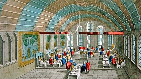 Udsigt over middagen givet til kejseren og kurfyrsterne i Sachsen i 1758 i rådhuset i Frankfurt, Tyskland (farvet indgravering) af French School