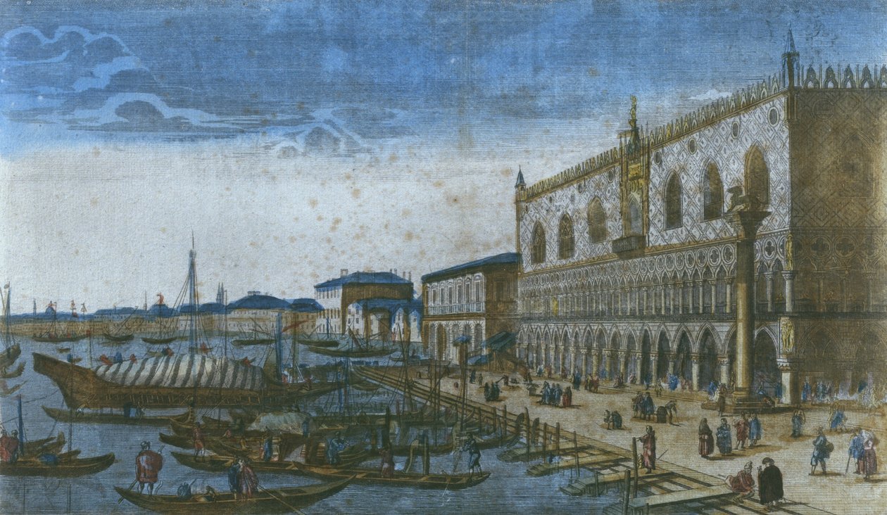 Udsigt over hertugpaladset og Canal Grande, Venedig, Italien (farvegravering) af French School