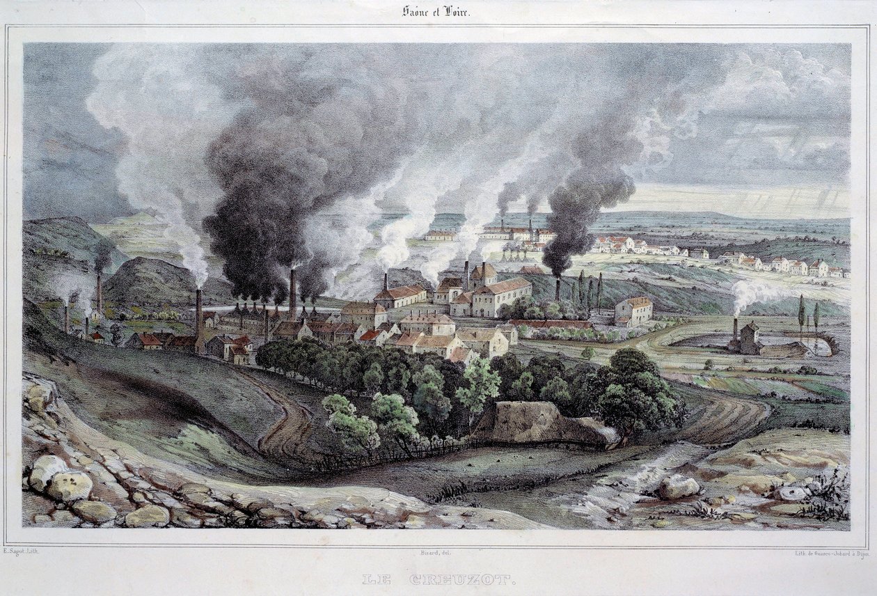 Udsigt over støberiet og crystallerie du Creusot omkring 1820-1830 af French School