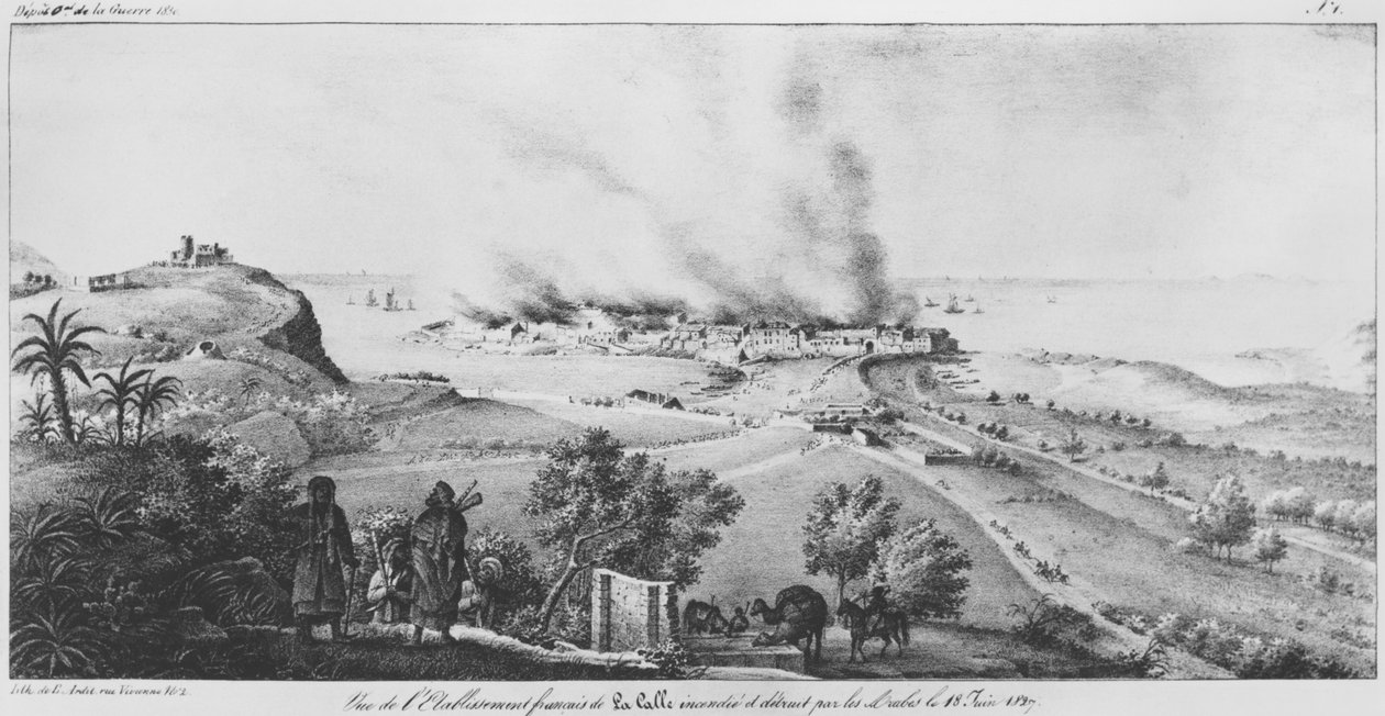 Udsigt over det franske etablissement ved La Calle brændt og ødelagt af araberne den 18. juni 1827, illustration fra Atlas de lapercu historique, statistique et topographique sur letat dAlger, en lusage af French School