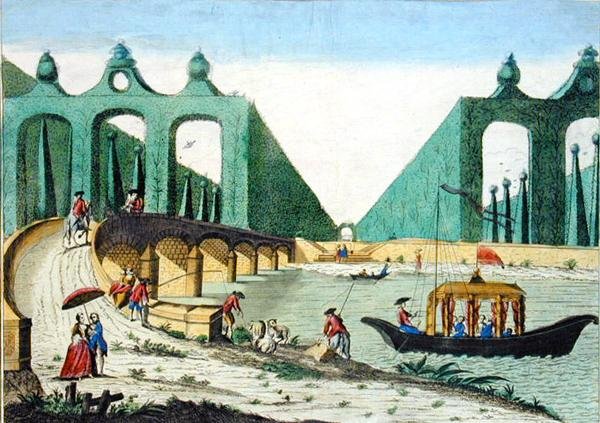 Udsigt over Lord Hamiltons haver mod en bro over Themsen nær London (farvet indgravering) af French School