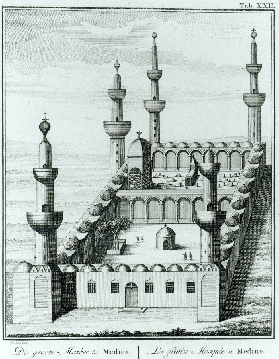 Udsigt over den store moske i Medina før vanhelligelsen af gravene af wahhabi-sekten, fra Description de lArabie af Carsten Niebuhr (1733-1815) udgivet 1774 af French School