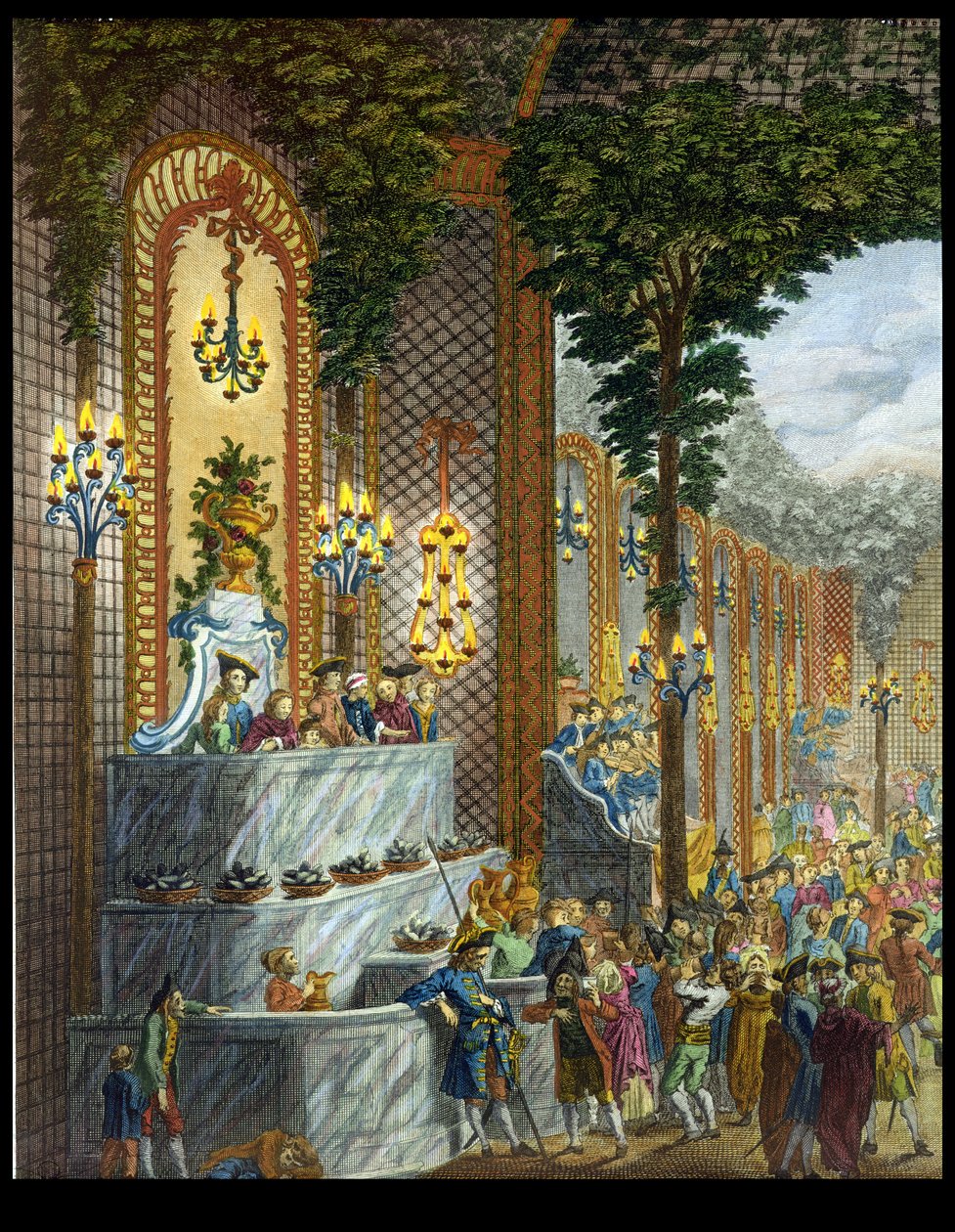 Udsigt over interiøret i et af værelserne på Place de Louis le Grand, Udsigt over indgangen til Salonen (detalje af 101860) (farvegravering) af French School