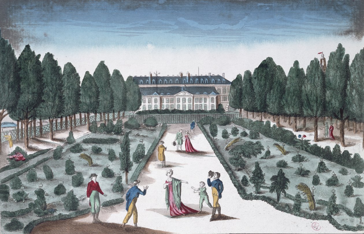 Udsigt over Jardin des Plantes fra rækværket nær Seinen (farvegravering) af French School
