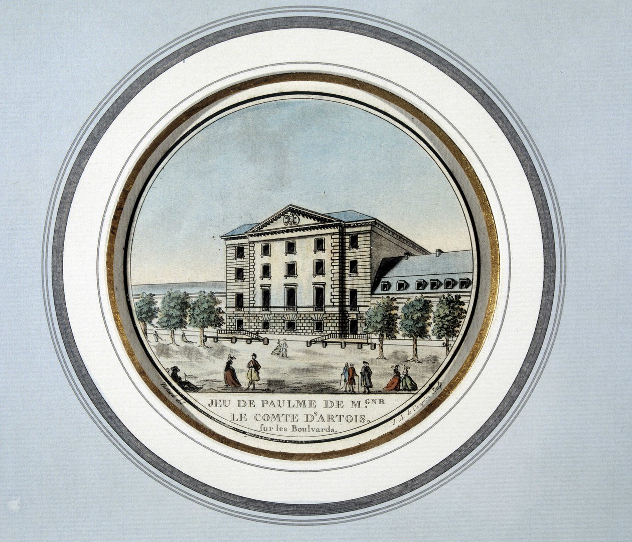 Udsigt over Jeu de Paume af Monsignor Greven af Artois - litografi af French School
