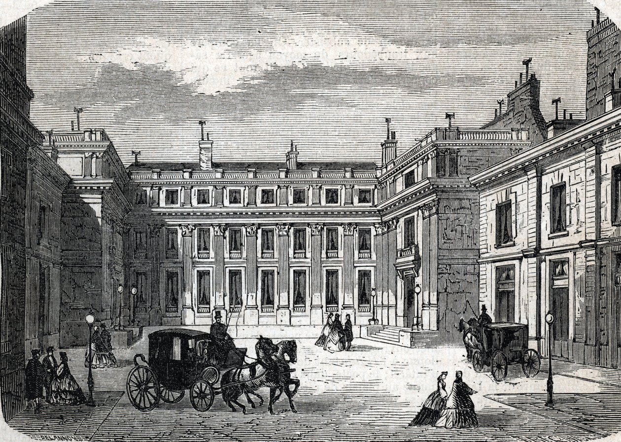 Udsigt til ministeriet for folkeoplysning, Hotel de Rochechouart, rue de Grenelle, i Paris - (stik) 1864 af French School