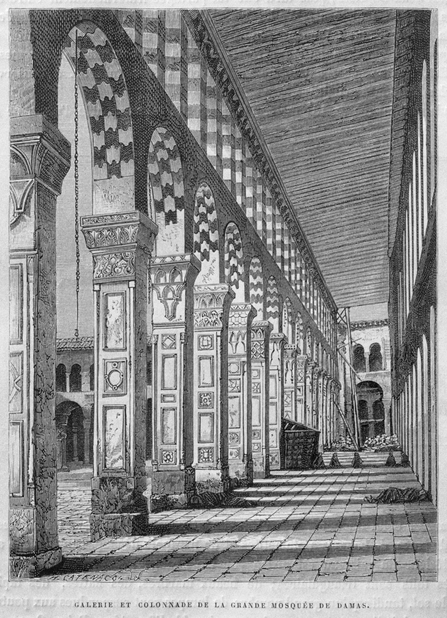 Udsigt over den nordlige portiko, Umayyad-moskeen, Damaskus, Syrien, fra Syrien i dag. Rejser i Fønikien, Libanon og Judæa. 1875-1880 af Louis Charles Emile Lortet, 1884 (bw gravering) af French School