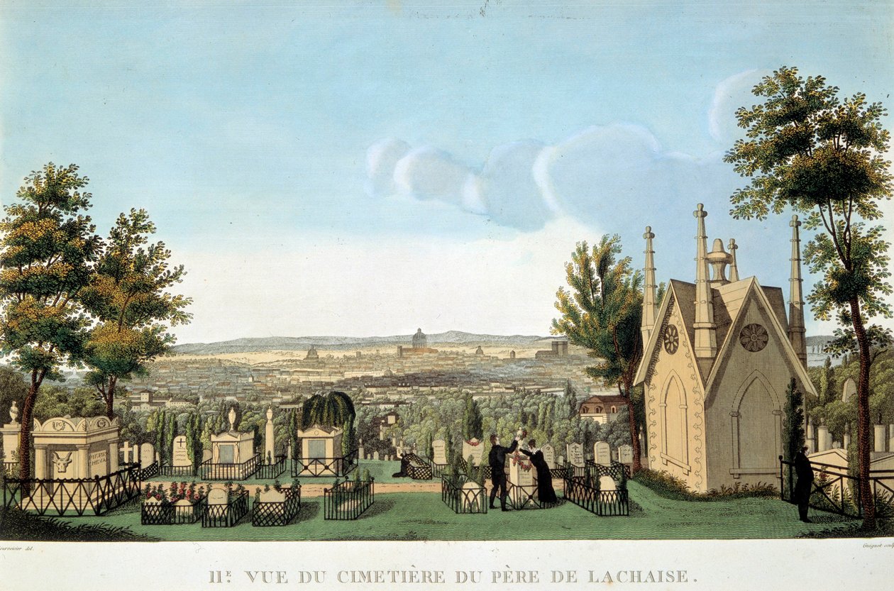 Udsigt over Pere Lachaise-kirkegården i Paris. Anonym 1800-tals litografi. Privat samling af French School