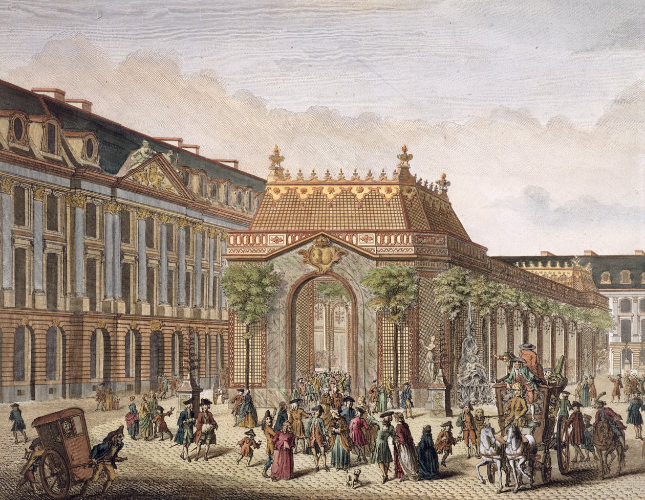 Udsigt over Place de Louis le Grand, med et af værelserne bygget i anledning af Monseigneur le Dauphins bryllup (detalje fra 101866) (farvegravering) af French School