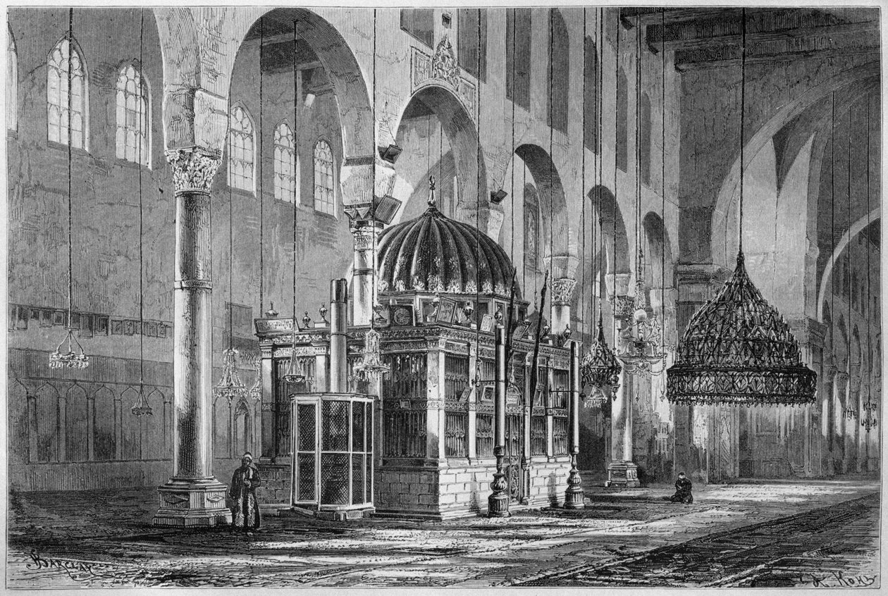 Udsigt over bedesalen, Umayyad-moskeen, Damaskus, Syrien, fra Syrien i dag. Rejser i Fønikien, Libanon og Judæa. 1875-1880 af Louis Charles Emile Lortet, 1884 (bw gravering) af French School