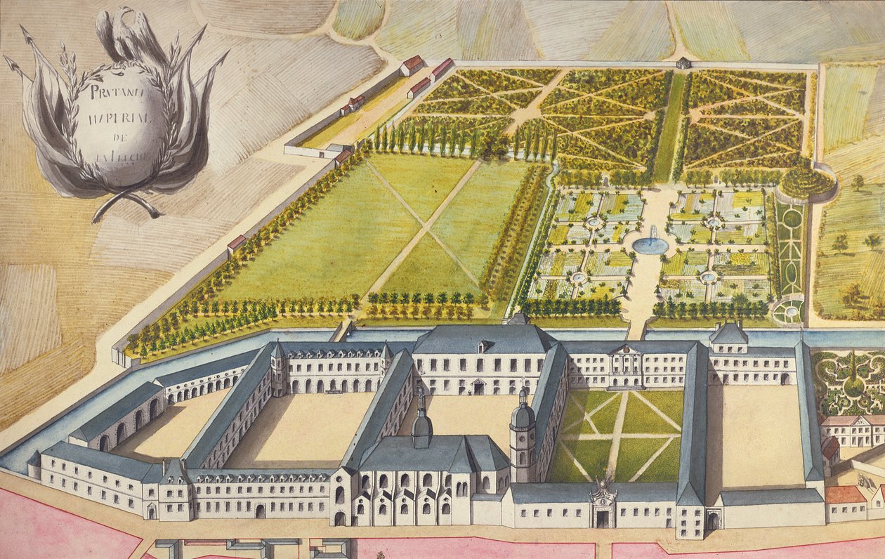 Udsigt over Prytanee Imperial, tidligere Jesuit College i La Fleche, ca. 1810 (wc) af French School