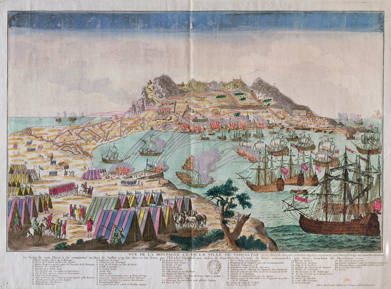 Udsigt over Gibraltars klippe og by under belejringen af 1779 af French School