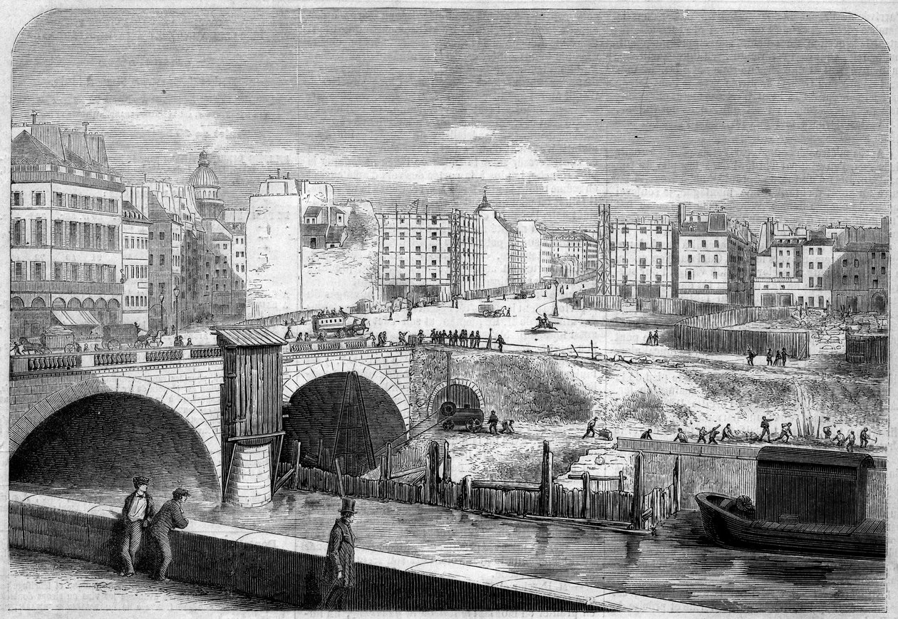 Udsigt over Saint Michel-broen (Saint-Michel), bygget i 1857, og Place Saint Michel (Saint-Michel) i Paris af French School