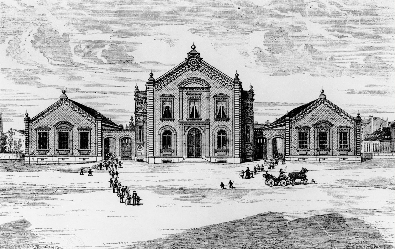 Udsigt over skolerne og teatret, Familien Guise, fra Solutions Sociales af Jean-Baptiste Andre Godin (1817-88), Paris, 1871 af French School