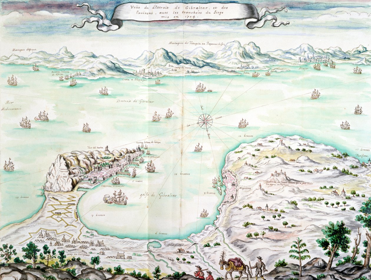 Udsigt over belejringen af Gibraltar i 1704 (wc på papir) af French School