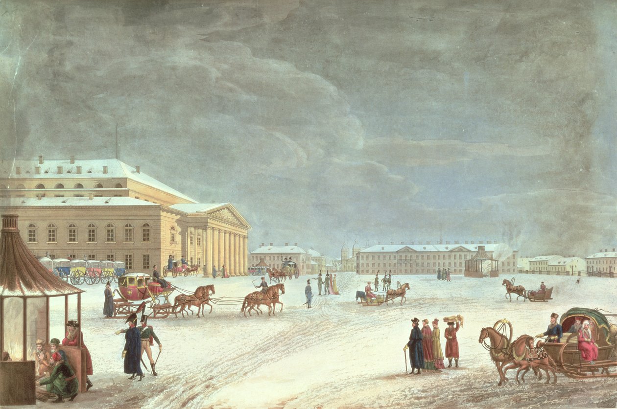 Udsigt over pladsen og Grand Theatre, St. Petersborg (farvet litho) af French School