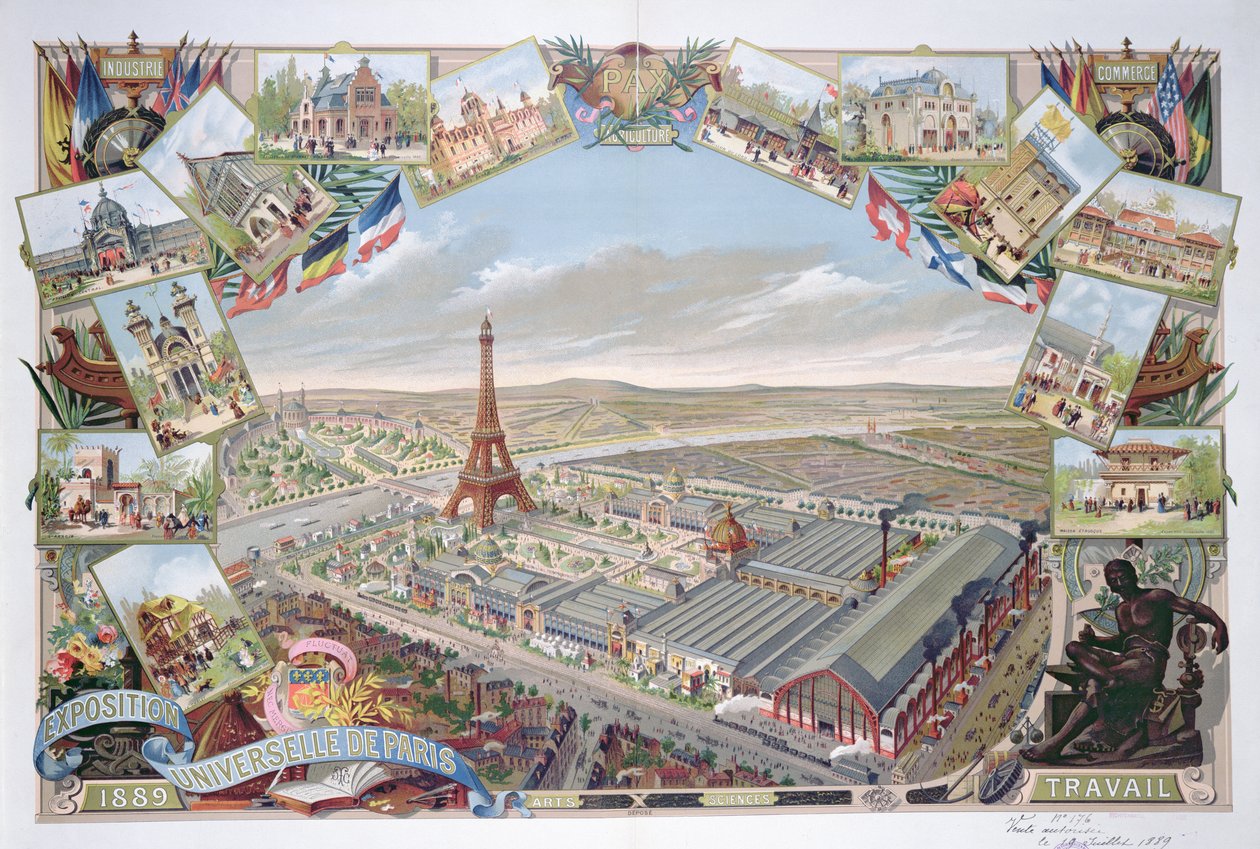 Udsigt over verdensudstillingen med de forskellige pavilloner og Eiffeltårnet, 1889 af French School