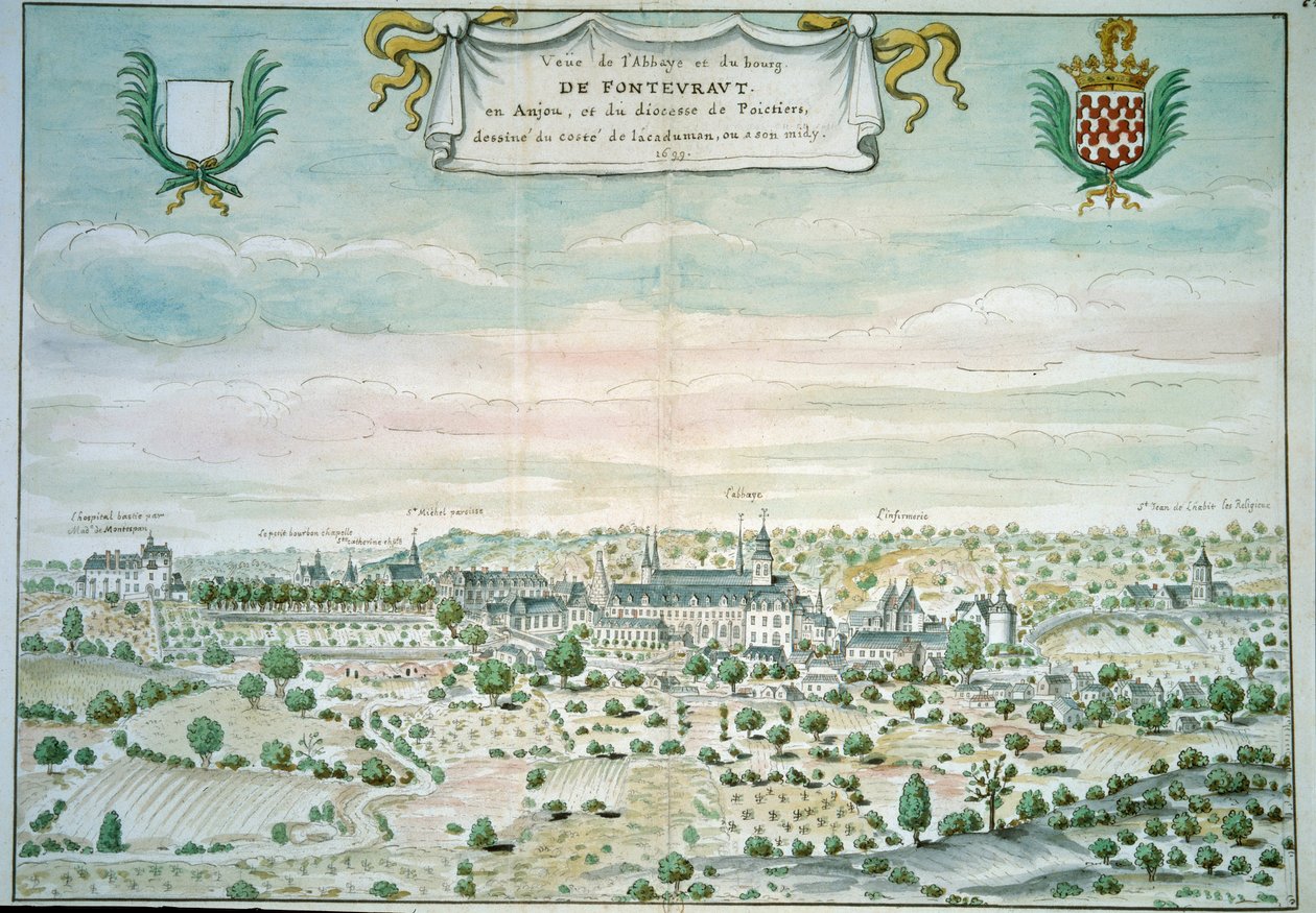 Udsigt over klosteret Fontevrault (Fontevraud) i Maine og Loire Akvarel fra den franske skole. 1699 Paris, B.N. af French School
