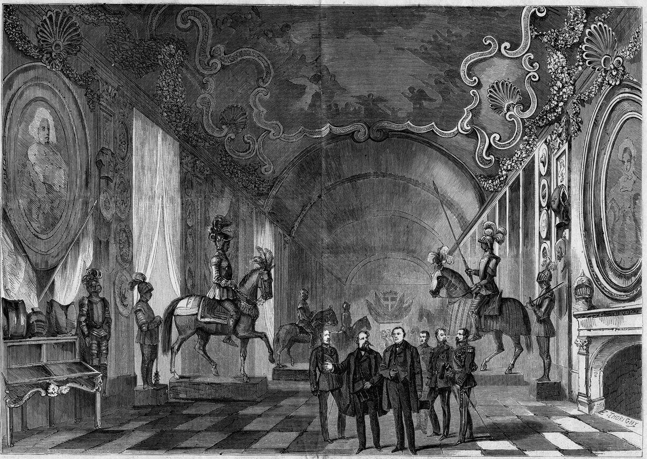 Udsigt over våbenrummet i Paladset i Torino (Italien) under besøget af kong Victor Emmanuel II (Vittorio Emanuele) (Victor-Emmanuel) (1820-1878) og prins Napoleon (1822-1891) af French School